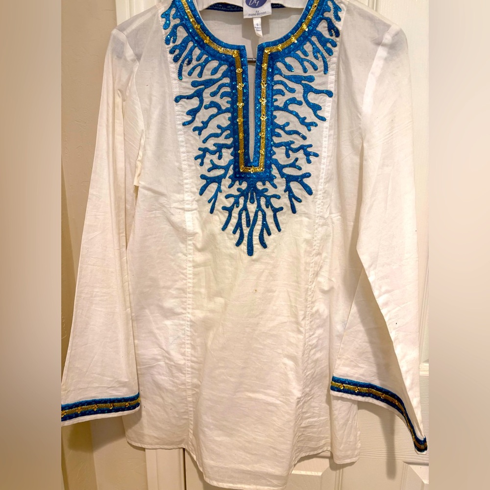 Embroidered White and Blue Women's Top